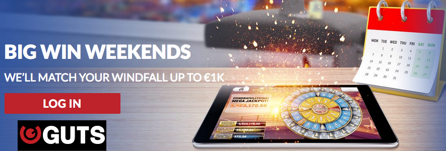 Progressive Jackpot Wins Matched up to €1000 at Guts Casino